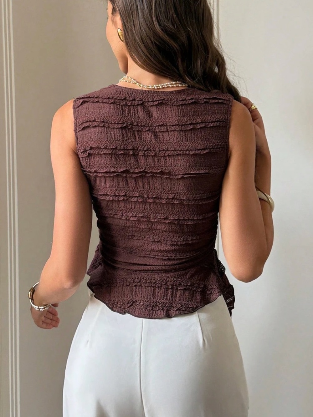 Sleeveless V-Neck Wrap Top in Deep Brown - Picture 5 of 5